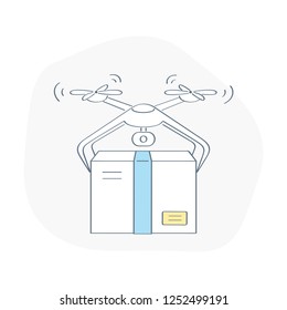 Air drone carrying cardboard box - concept of fast futuristic delivery drone. Modern outline technological shipment vector illustration.