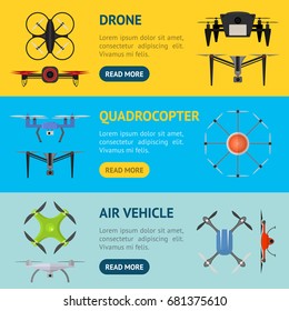 Air Drone Color copter Banner Horizontal Set Innovation Technology Control Concept Flat Design Style. Vector illustration