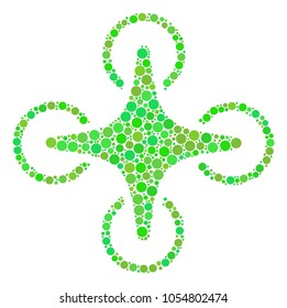 Air Drone composition of filled circles in variable sizes and fresh green color hues. Vector dots are combined into air drone mosaic. Eco design concept.