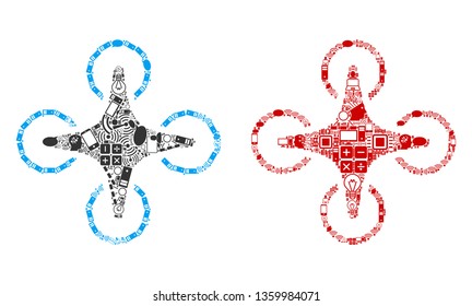 Air Drone composition icons done for bigdata purposes. Vector air drone mosaics are united from computer, calculator, connections, wi-fi, network icons into abstract patterns. Usual and red colors.