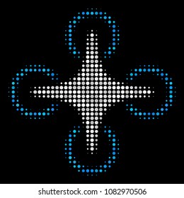 Air drone halftone vector icon. Illustration style is pixelated iconic air drone symbol on a black background. Halftone matrix is constructed of round cells.