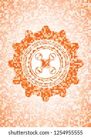 air drone icon inside abstract emblem, orange mosaic background