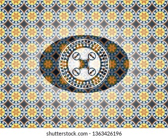 air drone icon inside arabesque badge background. arabic decoration.