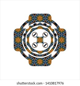 air drone icon inside arabesque style emblem. arabic decoration.