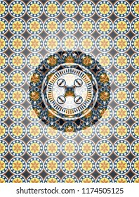 air drone icon inside arabic badge. Arabesque decoration.
