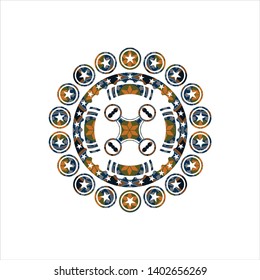 air drone icon inside arabic badge. Arabesque decoration.