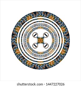 air drone icon inside arabic badge. Arabesque decoration.