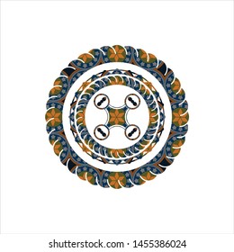 air drone icon inside arabic badge. Arabesque decoration.