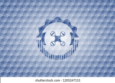 air drone icon inside blue emblem with geometric background.