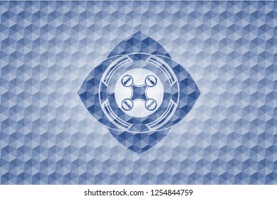 air drone icon inside blue emblem with geometric pattern background.