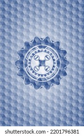 air drone icon inside blue badge with geometric pattern. 