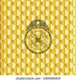 air drone icon inside gold badge or emblem. Scales pattern. Vector Illustration. Detailed.