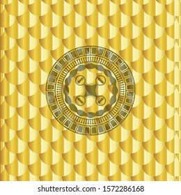 air drone icon inside golden emblem or badge. Scales pattern. Vector Illustration. Detailed.