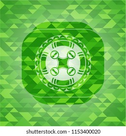 air drone icon inside green emblem. Mosaic background
