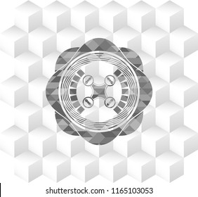 air drone icon inside grey badge with geometric cube white background