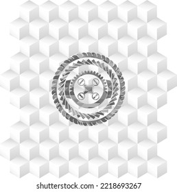 icono del drone de aire dentro del emblema gris. Vintage con fondo blanco cubo geométrico. 