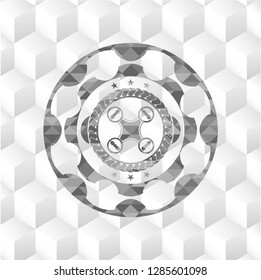 air drone icon inside realistic grey emblem with geometric cube white background