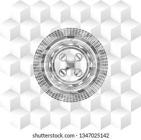air drone icon inside realistic grey emblem with geometric cube white background