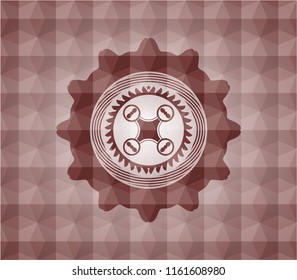 air drone icon inside red emblem or badge with abstract geometric polygonal pattern background. Seamless.
