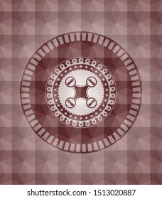 air drone icon inside red emblem or badge with abstract geometric pattern background. Seamless.
