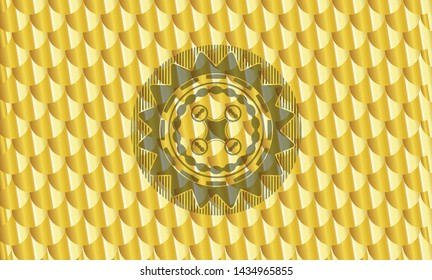 air drone icon inside shiny golden emblem. Scales pattern. Vector Illustration. Detailed.