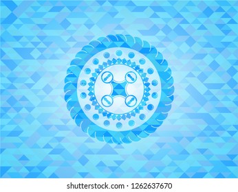 air drone icon inside sky blue emblem. Mosaic background