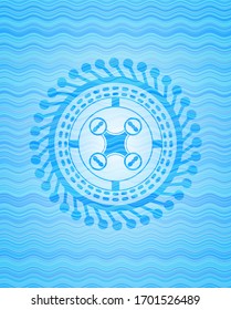 air drone icon inside sky blue water wave style badge.