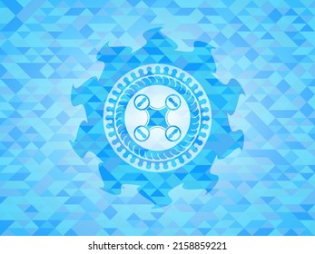 air drone icon inside sky blue emblem with triangle mosaic background. 