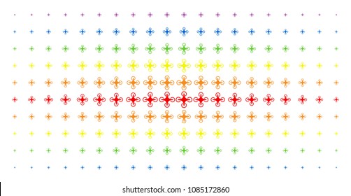 Air drone icon rainbow colored halftone pattern. Vector air drone shapes are arranged into halftone array with vertical spectral gradient. Designed for backgrounds, covers,