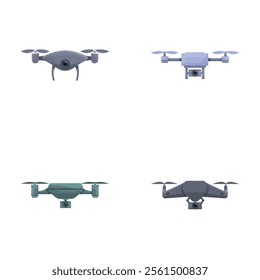 Air drone icons set cartoon vector. Various drone with integrated camera. Aerial videography