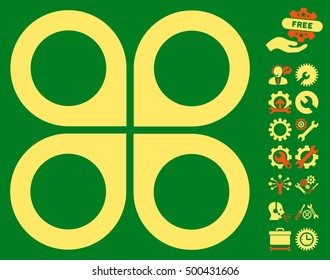 Air Drone pictograph with bonus setup tools design elements. Vector illustration style is flat iconic symbols, orange and yellow colors, green background.