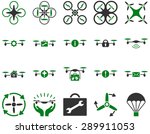 Air drone and quadcopter tool icons. Icon set style: flat vector bicolor images, green and gray symbols, isolated on a white background.