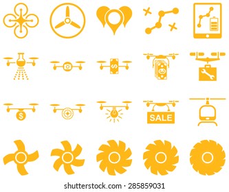 Air drone and quadcopter tool icons. Icon set style: flat vector images, yellow symbols, isolated on a white background.