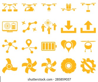 Air drone and quadcopter tool icons. Icon set style: flat vector images, yellow symbols, isolated on a white background.