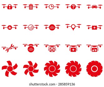 Air drone and quadcopter tool icons. Icon set style: flat vector images, red symbols, isolated on a white background.