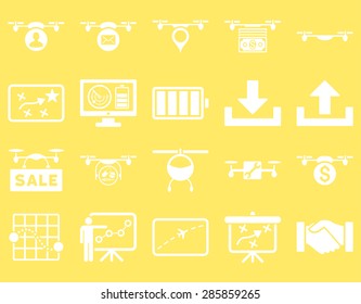 Air drone and quadcopter tool icons. Icon set style: flat vector images, white symbols, isolated on a yellow background.