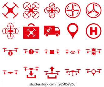 Air drone and quadcopter tool icons. Icon set style: flat vector images, red symbols, isolated on a white background.