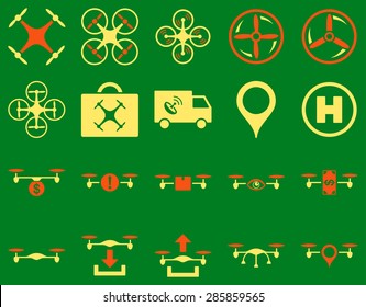 Air drone and quadcopter tool icons. Icon set style: flat vector bicolor images, orange and yellow symbols, isolated on a green background.