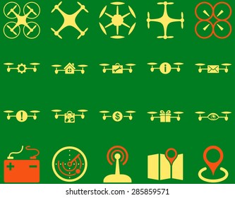 Air drone and quadcopter tool icons. Icon set style: flat vector bicolor images, orange and yellow symbols, isolated on a green background.