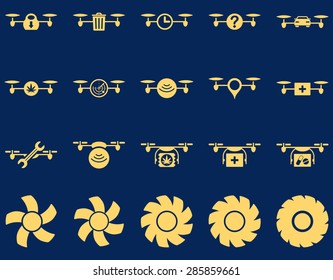 Air drone and quadcopter tool icons. Icon set style: flat vector images, yellow symbols, isolated on a blue background.