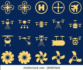 Air drone and quadcopter tool icons. Icon set style: flat vector images, yellow symbols, isolated on a blue background.