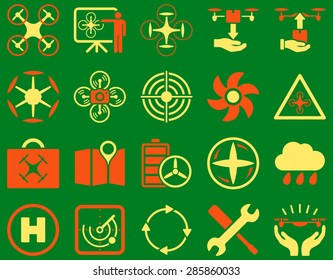 Air drone and quadcopter tool icons. Icon set style: flat vector bicolor images, orange and yellow symbols, isolated on a green background.