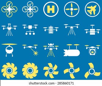 Air drone and quadcopter tool icons. Icon set style: flat vector bicolor images, yellow and white symbols, isolated on a blue background.