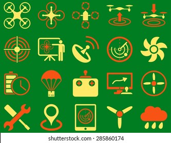 Air drone and quadcopter tool icons. Icon set style: flat vector bicolor images, orange and yellow symbols, isolated on a green background.