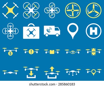 Air drone and quadcopter tool icons. Icon set style: flat vector bicolor images, yellow and white symbols, isolated on a blue background.