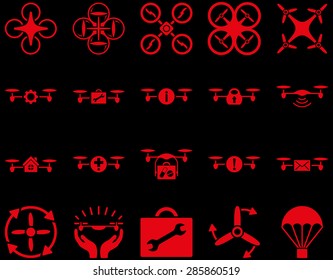 Air drone and quadcopter tool icons. Icon set style: flat vector images, red symbols, isolated on a black background.