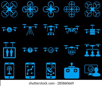 Air drone and quadcopter tool icons. Icon set style: flat vector images, blue symbols, isolated on a black background.
