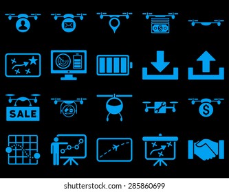 Air drone and quadcopter tool icons. Icon set style: flat vector images, blue symbols, isolated on a black background.