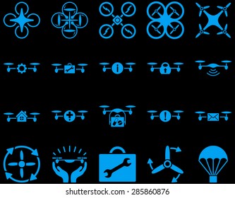 Air drone and quadcopter tool icons. Icon set style: flat vector images, blue symbols, isolated on a black background.
