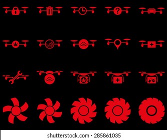 Air drone and quadcopter tool icons. Icon set style: flat vector images, red symbols, isolated on a black background.